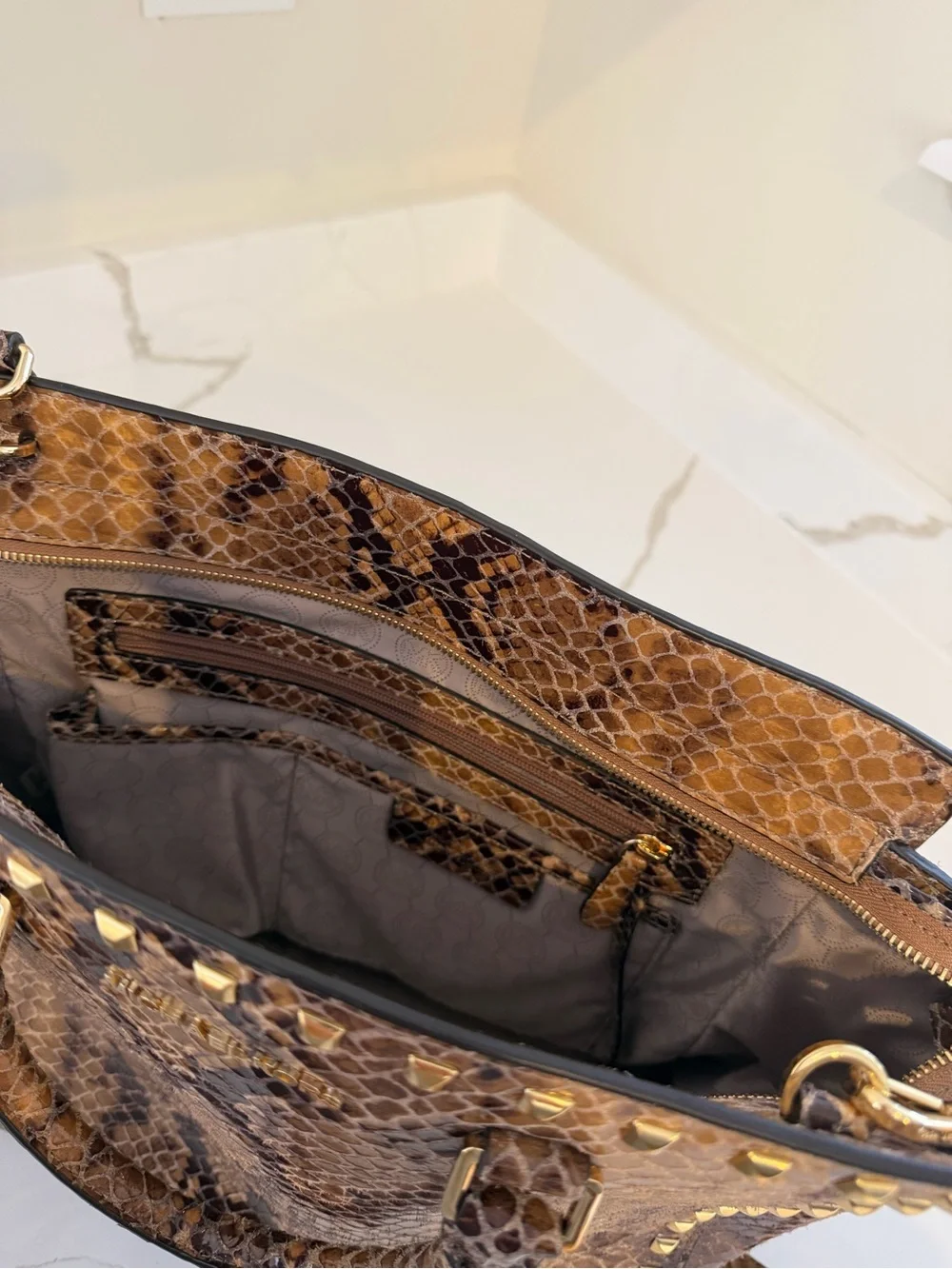 Michael Kors Brown Snake-Embossed Studded Satchel Crossbody Handbag